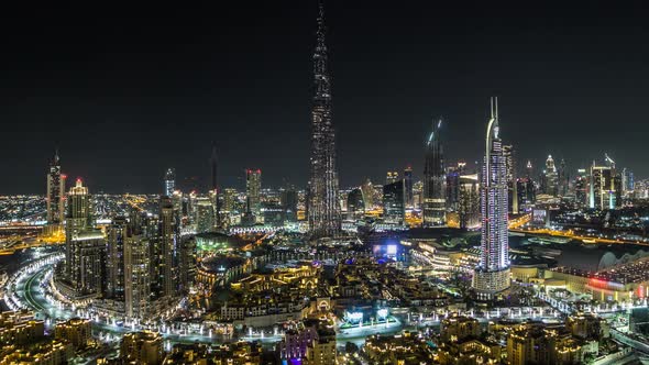 Dubai Downtown at Night Timelapse View From the Top in Dubai United Arab Emirates alt