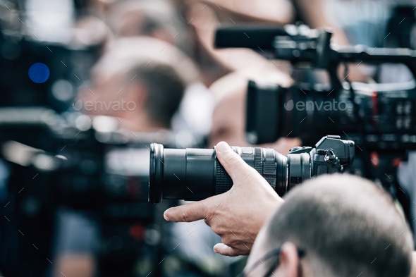 Live streaming. Camera at a Press Conference. - Stock Photo - Images