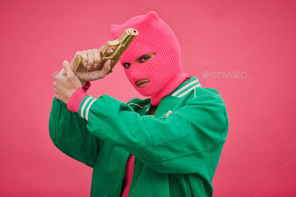 Bandit woman in pink balaclava