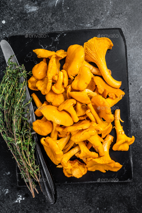 Raw wild Chanterelles mushrooms on a marble board. Black background. Top view Stock Photo by