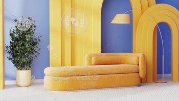 modern living room interior with orange sofa and floor lamp, yellow arches and blue wall