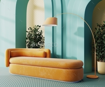 Modern interior with orange sofa and blue arches, 3d rendering