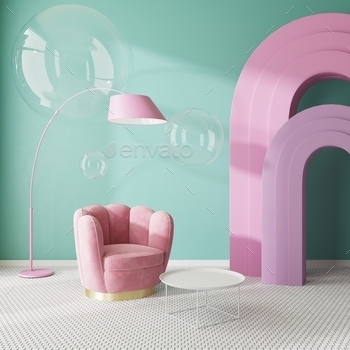 Colorful surreal interior with pink armchair and arches and light green wall, soap bubbles