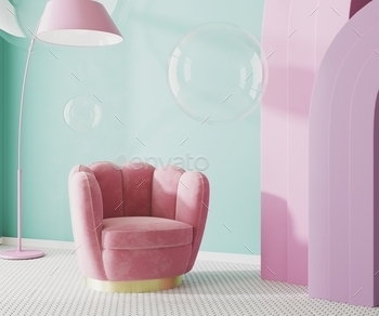 Concept interior with pink armchair and arches, green wall and soap bubbles, 3d render