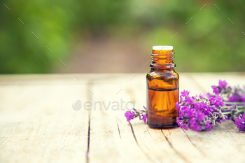 Lavender essential oil in a small bottle. Selective focus.