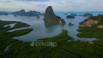 Sametnangshe, view of mountains in Phangnga bay with mangrove forest in andaman sea Thailand