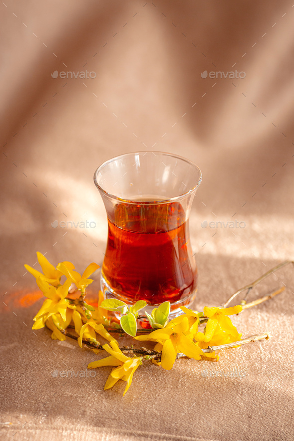 traditional turkish tea cup on fabric background