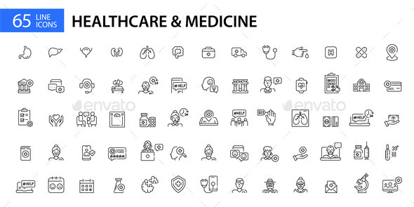 65 Healthcare Hospital and Medicine Icons