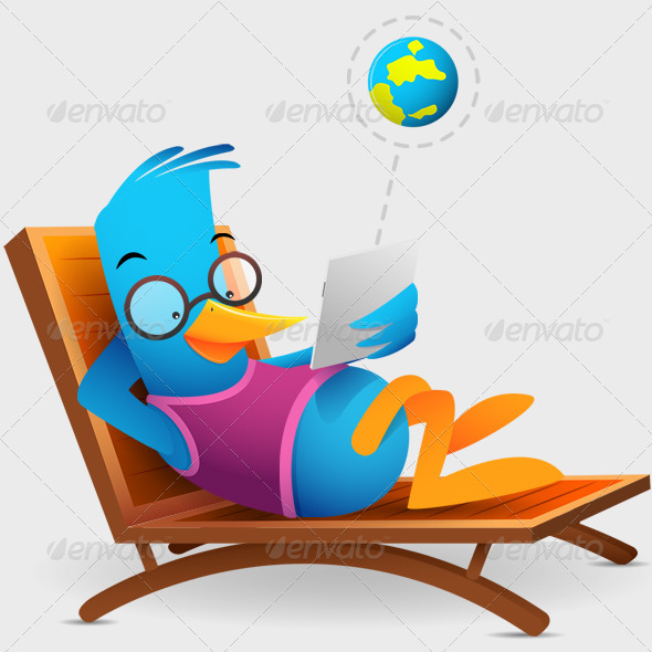 Blue Bird Sitting Using Tablet - Characters Illustrations