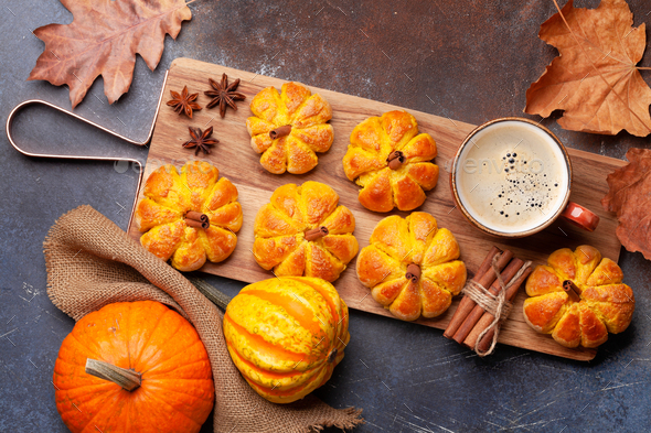Pumpkin muffins and various pumpkins - Stock Photo - Images