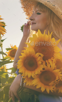 Woman in a field of sunflowers. Selective focus.