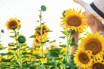 Woman in a field of sunflowers. Selective focus.