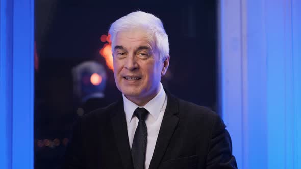 Joyful Recovered Grey Gentleman Takes Off Face Mask alt