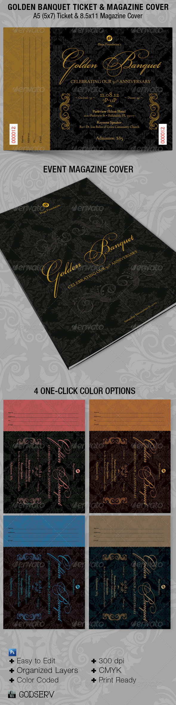 Golden Banquet Ticket Plus Magazine Cover Template - Miscellaneous Print Templates