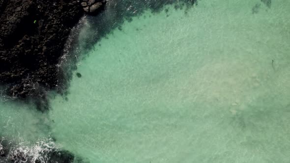 small and large waves dancing on the crystal blue ocean. near the beach black rocks and bubbles. alt
