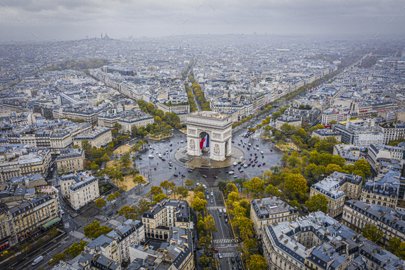 Aerial View Of Paris Street, View From Arc De Triomphe. Stock