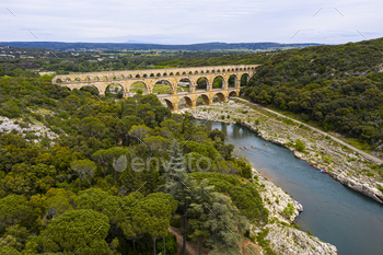 Roman aqueduct, Pont-du-Gard, Languedoc-Roussillon France, Aerial view