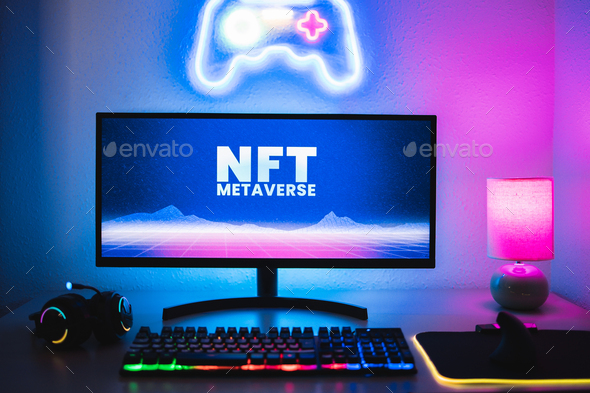 Metaverse and Blockchain Tech Concept - Gaming room display gamer NFT marketplace on computer