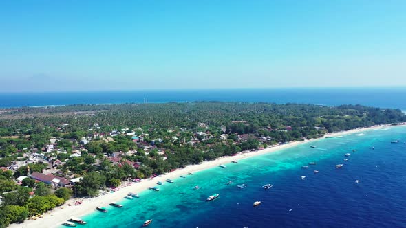 Aerial above scenery of beautiful tourist beach journey by blue water and white sand background of a alt