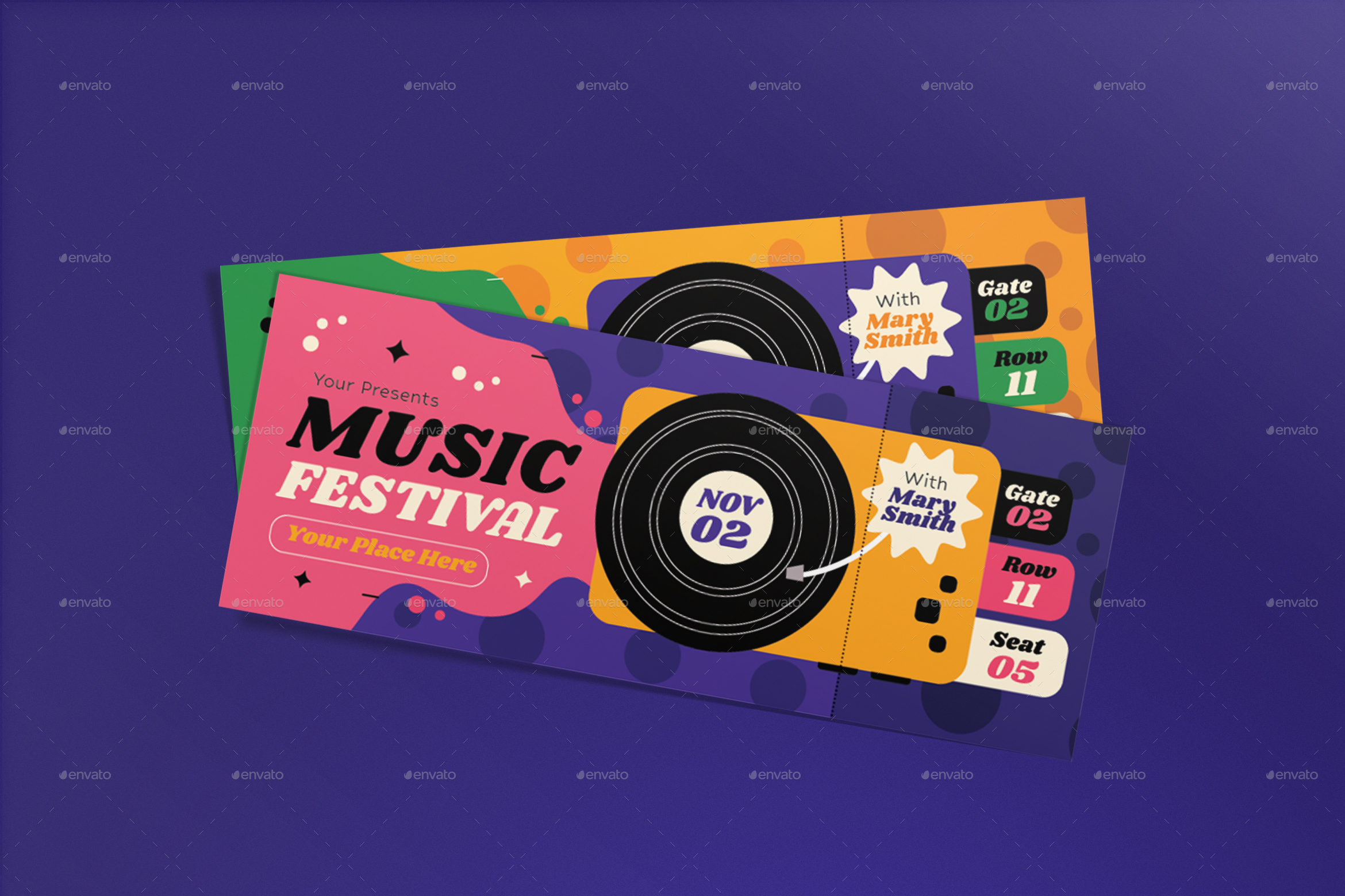 Purple Flat Design Music Festival Ticket, Print Templates GraphicRiver