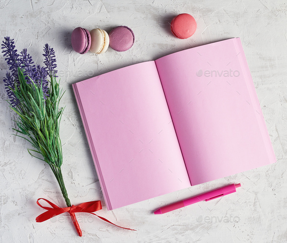 Open notebook with blank pink pages, red pen