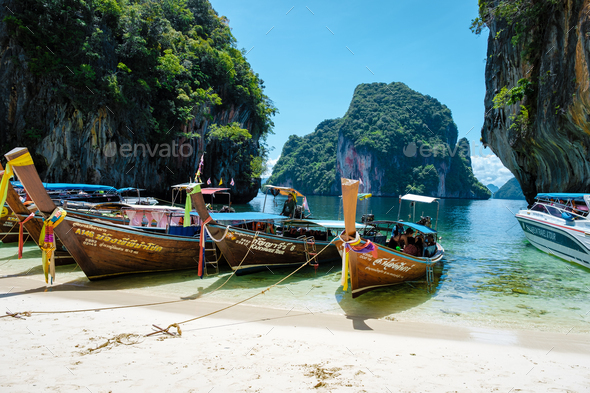 Koh Lao Lading near Koh Hong Krabi Thailand, beautiful beach with longtail boats, - Stock Photo - Images