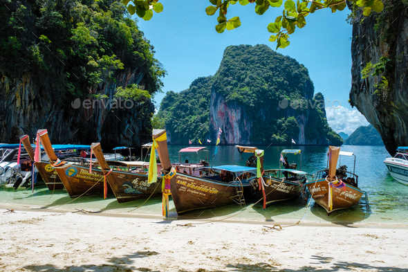 Koh Lao Lading near Koh Hong Krabi Thailand, beautiful beach with longtail boats, - Stock Photo - Images