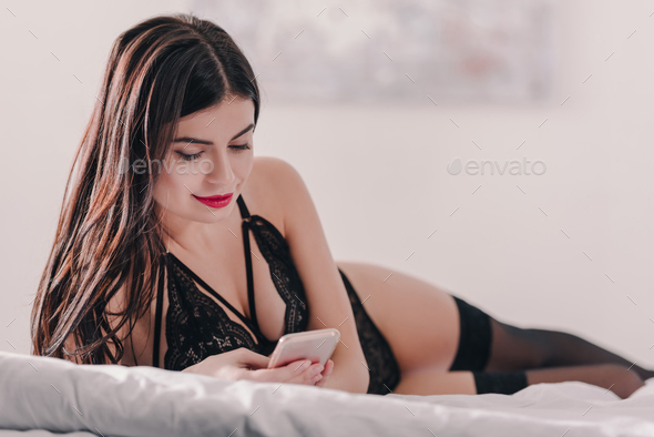 Sexy Woman Lying In Bed In Sensual Black Lingerie,Beautiful Sexy