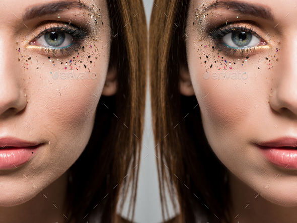 face of beautiful young woman with glossy makeup before and after retouch isolated on grey