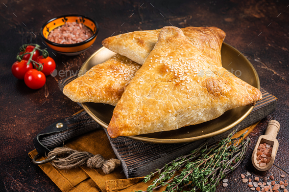 Samsa With Chicken And Cheese, Samosa Oriental Pies. Dark Background 