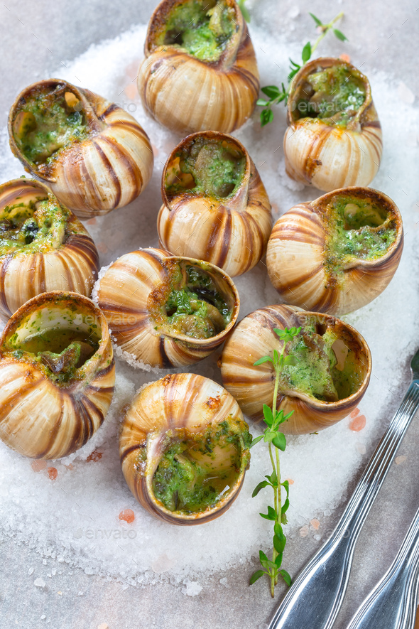 Baked snails with garlic butter and fresh herbs Stock Photo by FabrikaPhoto