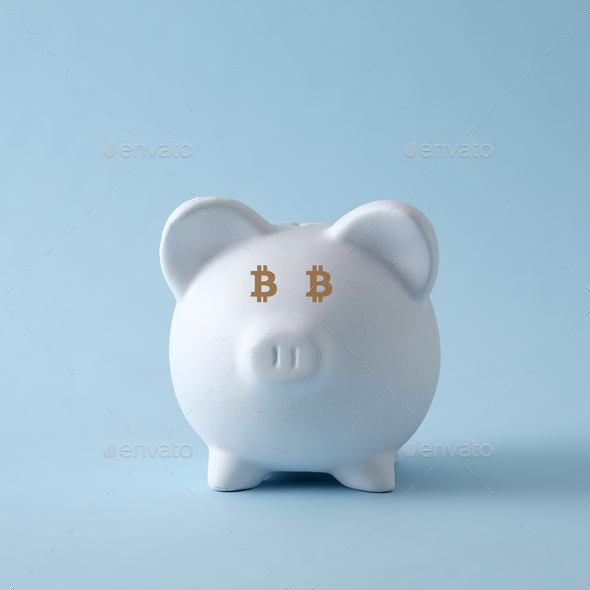 Piggy piggy bank as savings and finance deposit concept with bitcoin