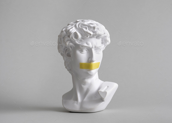 Michelangelo\'s David head bust in duct tape sealed mouth.