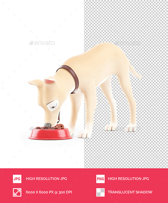 3D Cartoon Dog Eating Food from Bowl