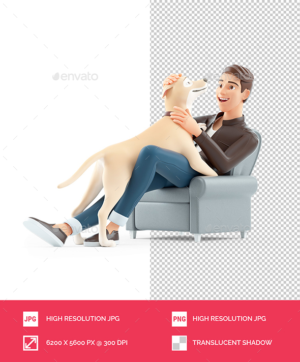 3D Cartoon Man Stroking His Dog While Sitting in Armchair