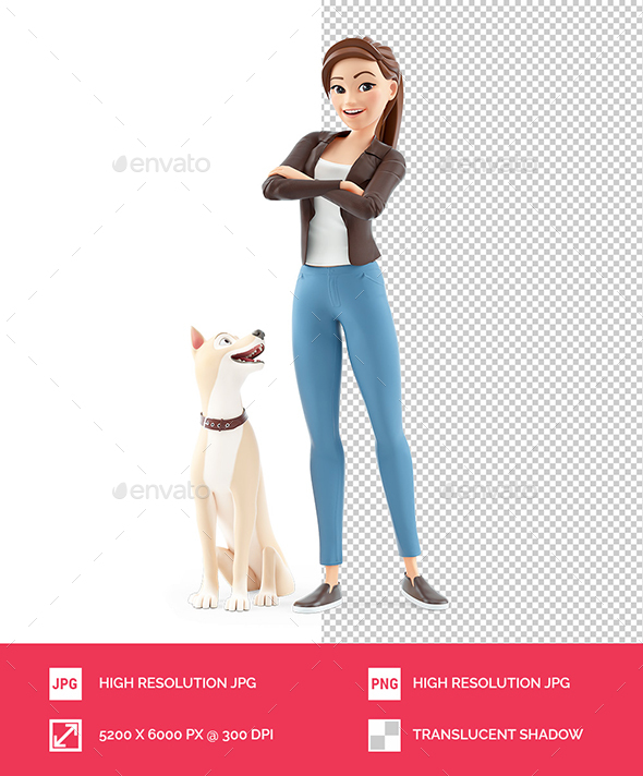 3D Cartoon Woman Standing With Her Dog