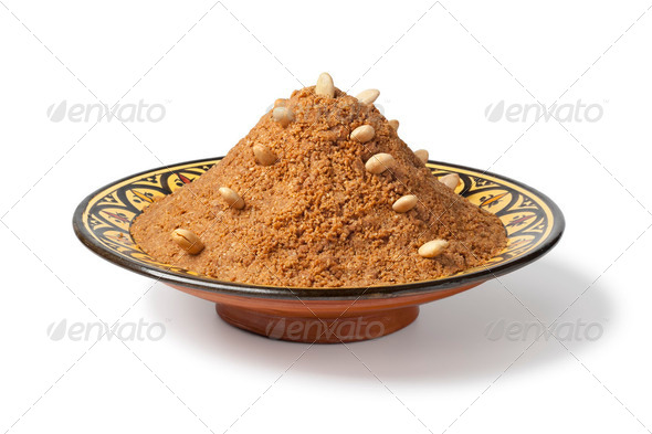 Dish with tradional Moroccan almond sellou - Stock Photo - Images