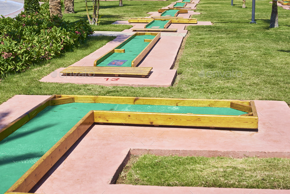 Miniature golf course in hotel. Entertainment for tourists at hotel