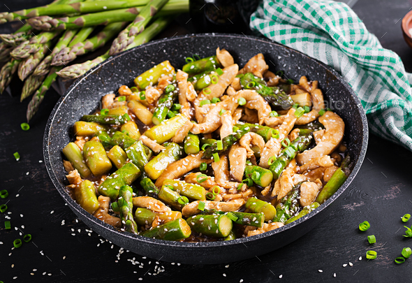 Stir fry with chicken and asparagus. Chicken stirfry. Chinese food.
