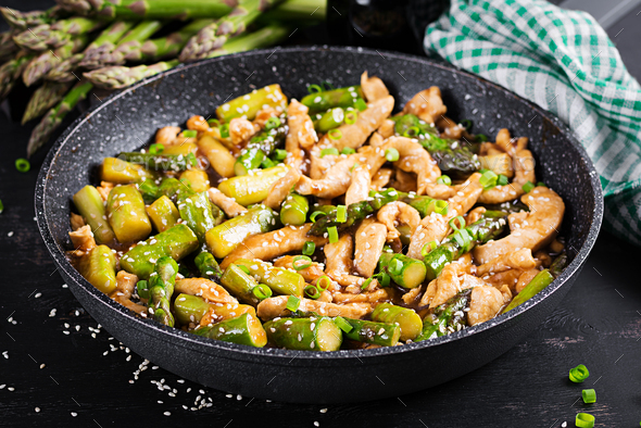 Stir fry with chicken and asparagus. Chicken stirfry. Chinese food.