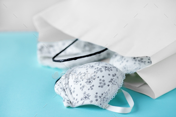 Bra and panties in a gift bag. The concept of clothing, accessories, shopping, lingerie.