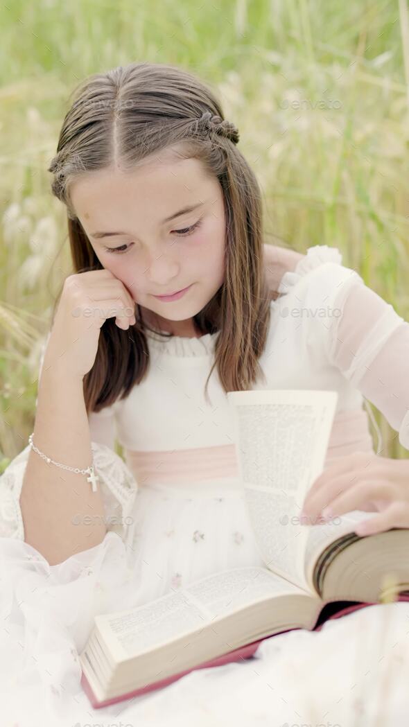 Hispanic girls reading vintage bible in communion. Christian education. slow motion vertical video