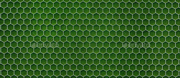 Green grass soccer field with hexagonal goal pattern background