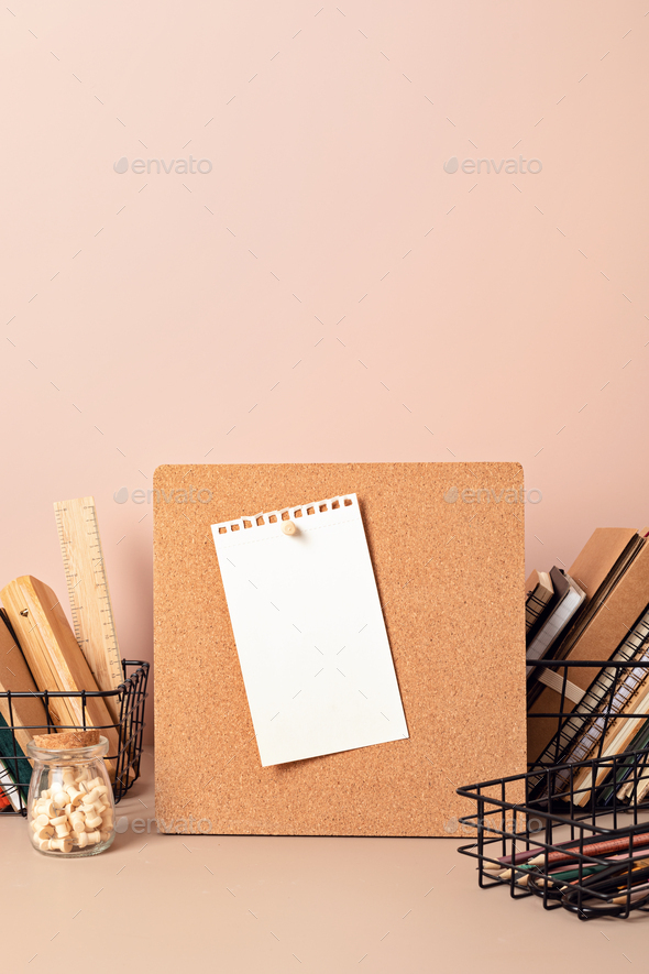 Cork board mockup, desktop organizer with school stationary and office