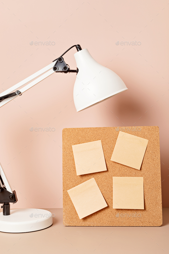 Cork board mockup, desktop organizer with school stationary and office