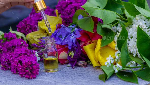 Flower Buzz Collection Flower essential oil. Lilac essential oil in a bottle.  Stock Photo by solovei23