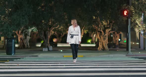 Independent Woman in Stylish Designer Jacket Crossing Road in Night City Footage alt