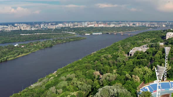 Beautiful flight from above over the capital of Ukraine Kiev. alt
