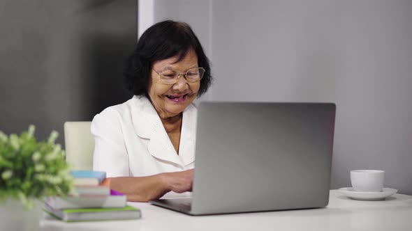 happy senior woman working on laptop computer