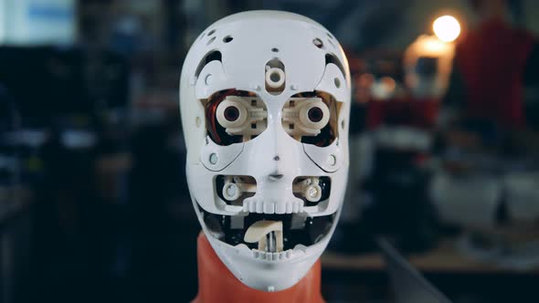 Humanoid Moves Mouth and Eyes, Close Up. alt